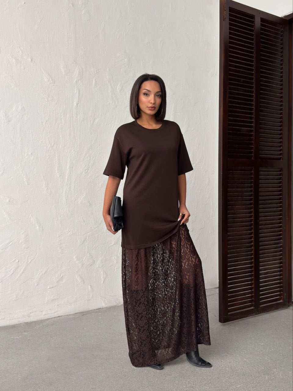 Kadın Kahverengi Oversize Dantel Detaylı Maxi Elbise