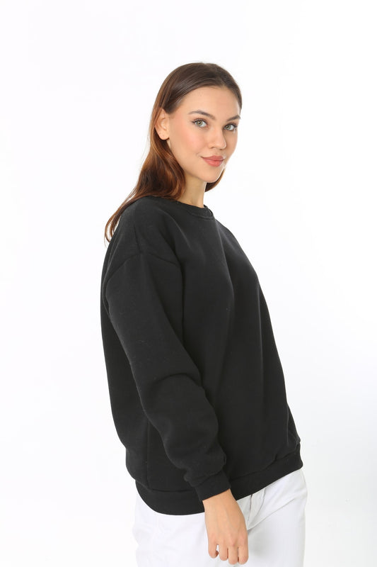 Kadın Siyah Basic Bisiklet Yaka Baskısız Düz Oversize Salaş Bol Kesim Polar