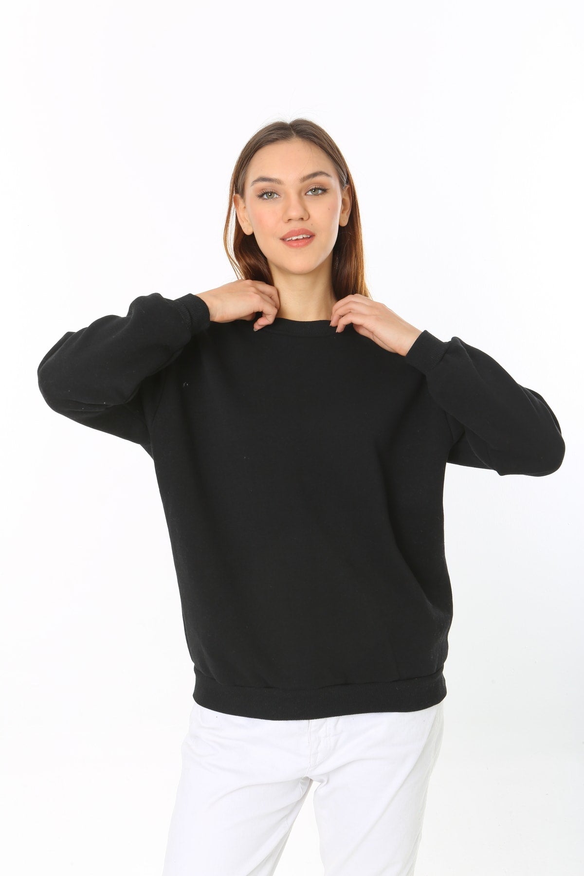 Kadın Siyah Basic Bisiklet Yaka Baskısız Düz Oversize Salaş Bol Kesim Polar