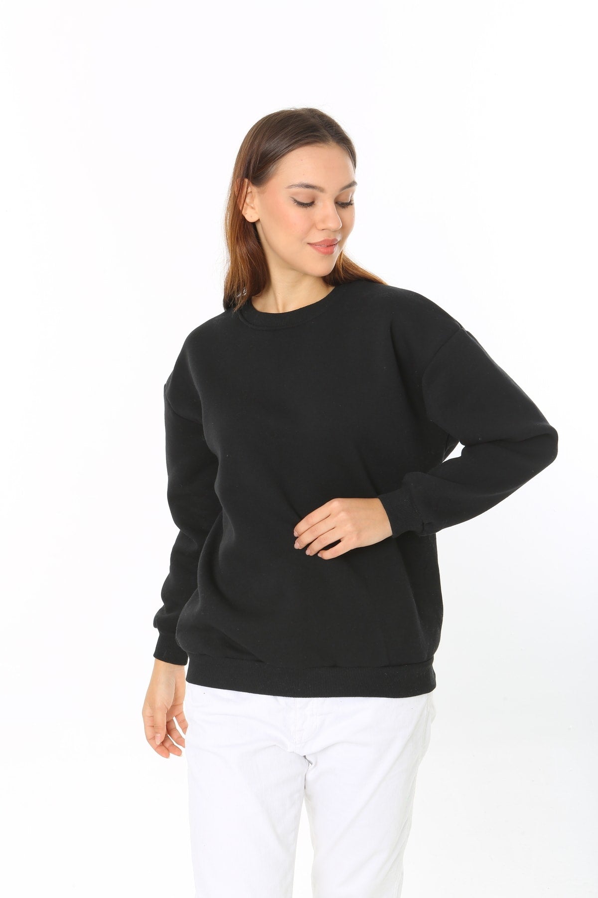 Kadın Siyah Basic Bisiklet Yaka Baskısız Düz Oversize Salaş Bol Kesim Polar
