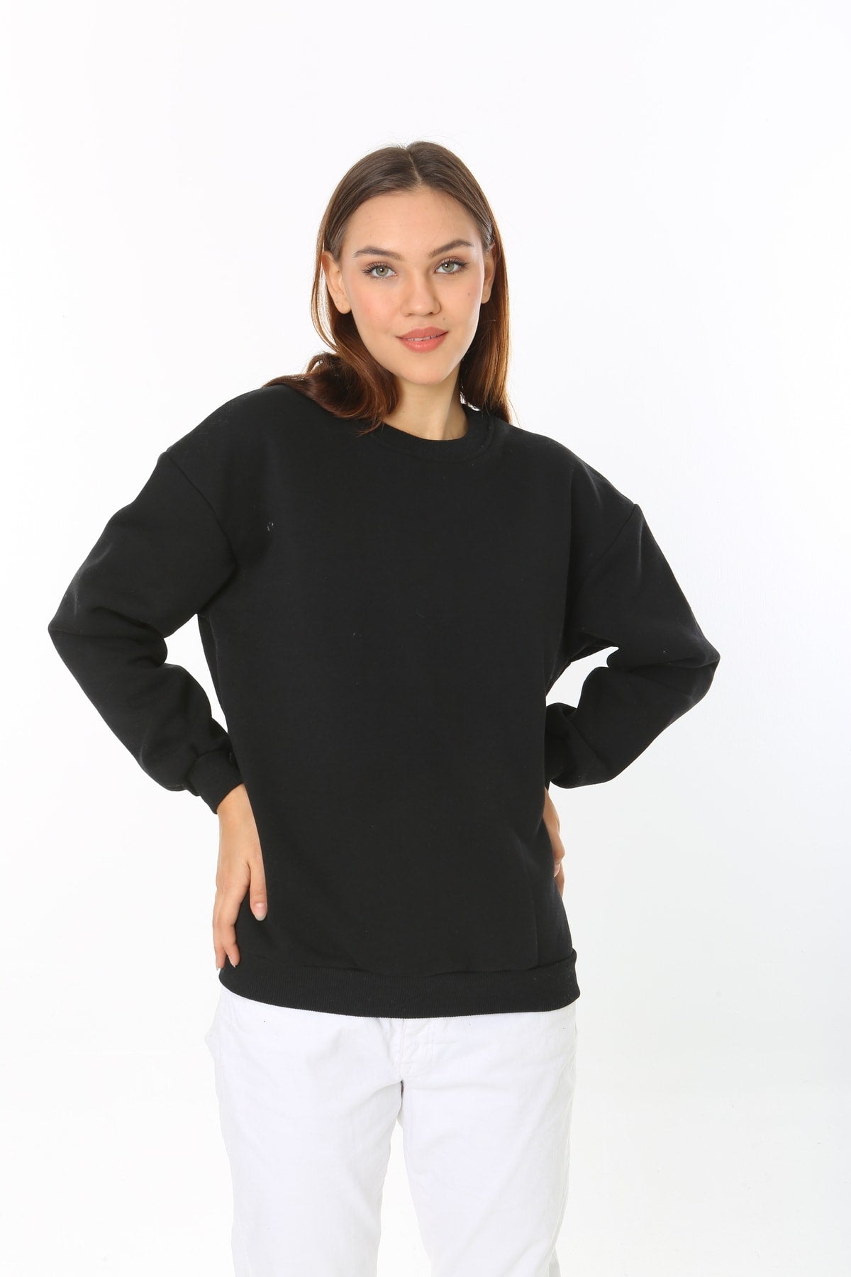 Kadın Siyah Basic Bisiklet Yaka Baskısız Düz Oversize Salaş Bol Kesim Polar