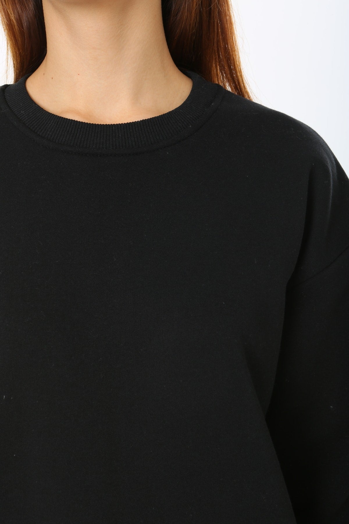 Kadın Siyah Basic Bisiklet Yaka Baskısız Düz Oversize Salaş Bol Kesim Polar