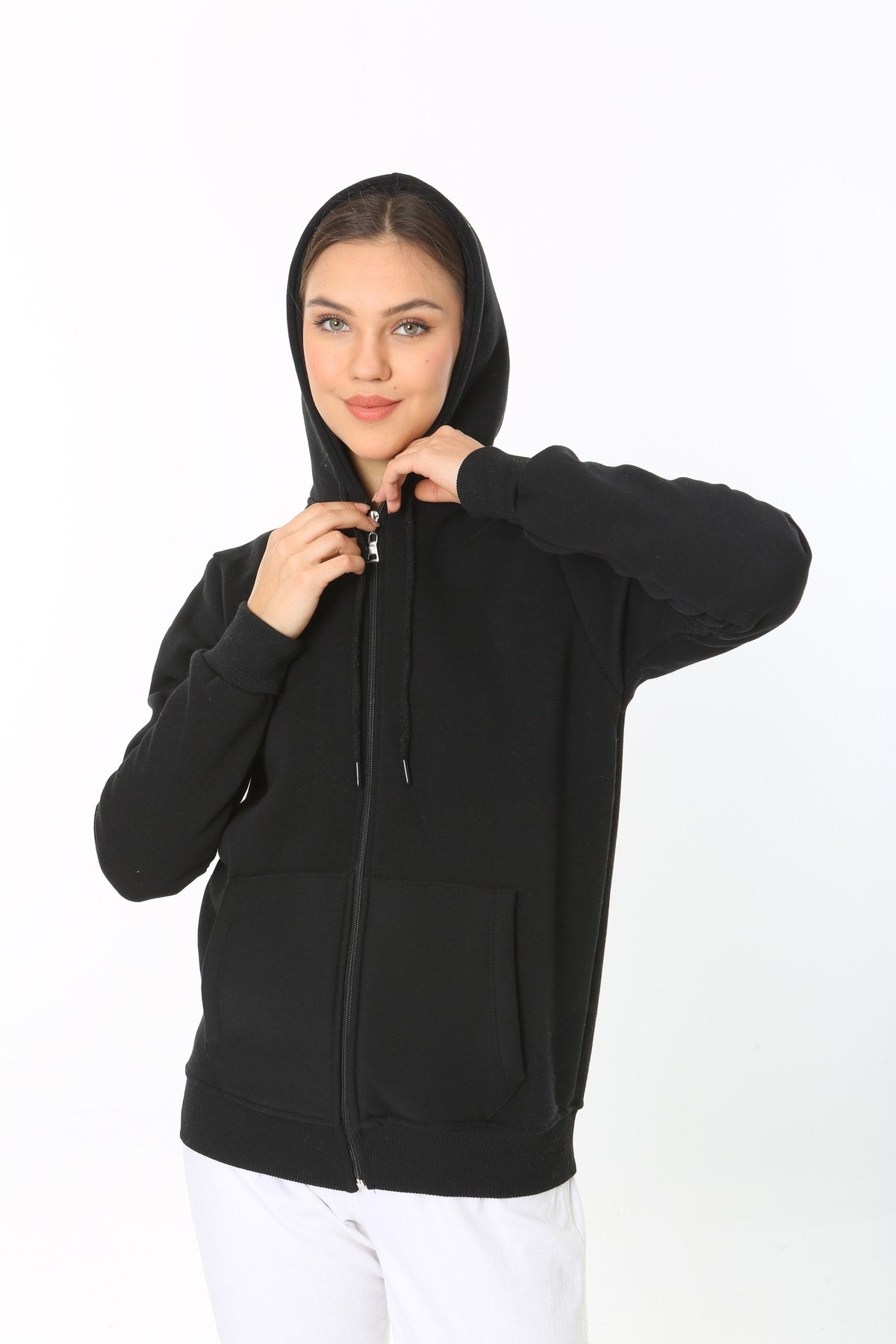 Kadin Siyah Kapüşonlu Fermuarlı 3 Üç Iplik Polar Sweatshirt