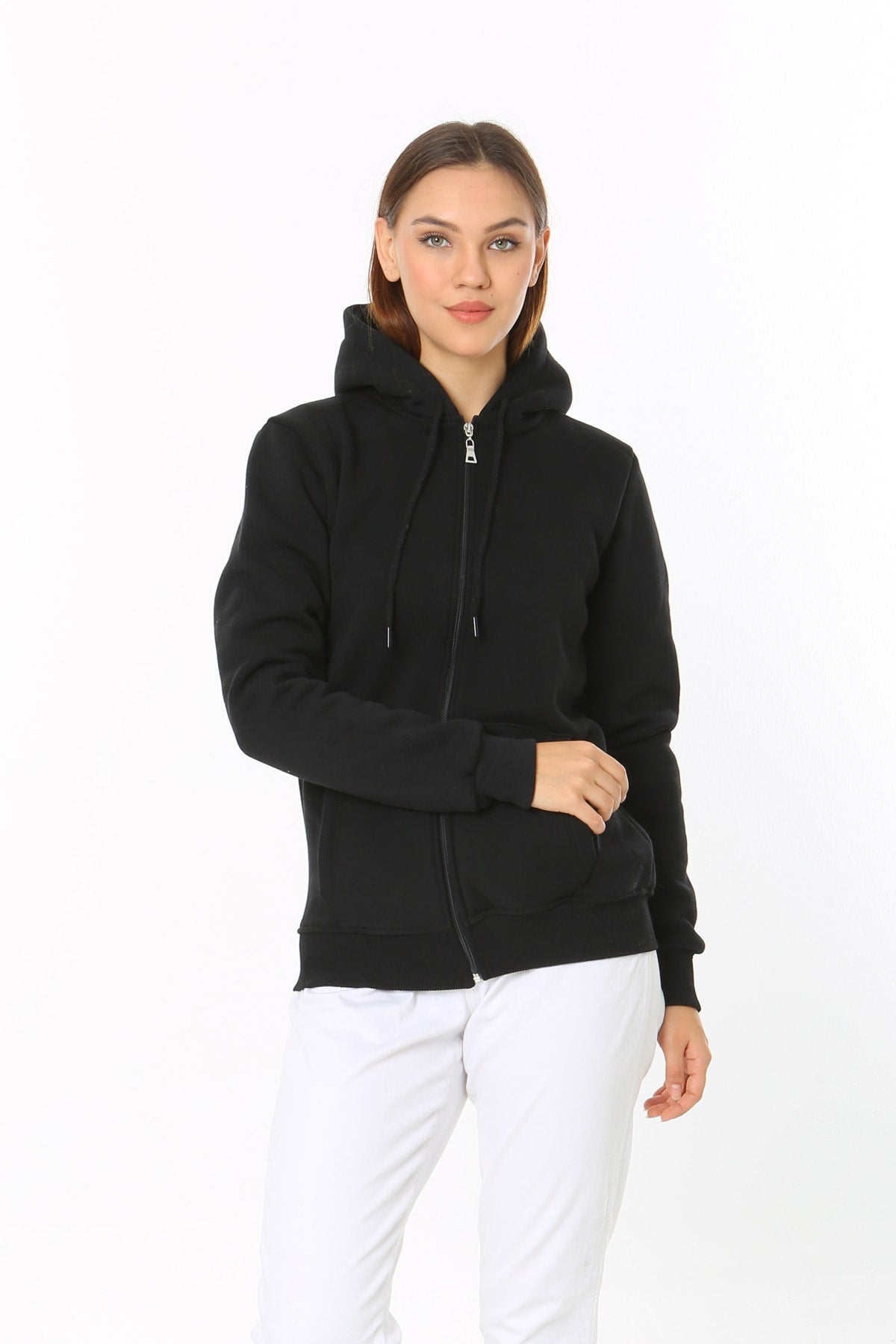 Kadin Siyah Kapüşonlu Fermuarlı 3 Üç Iplik Polar Sweatshirt