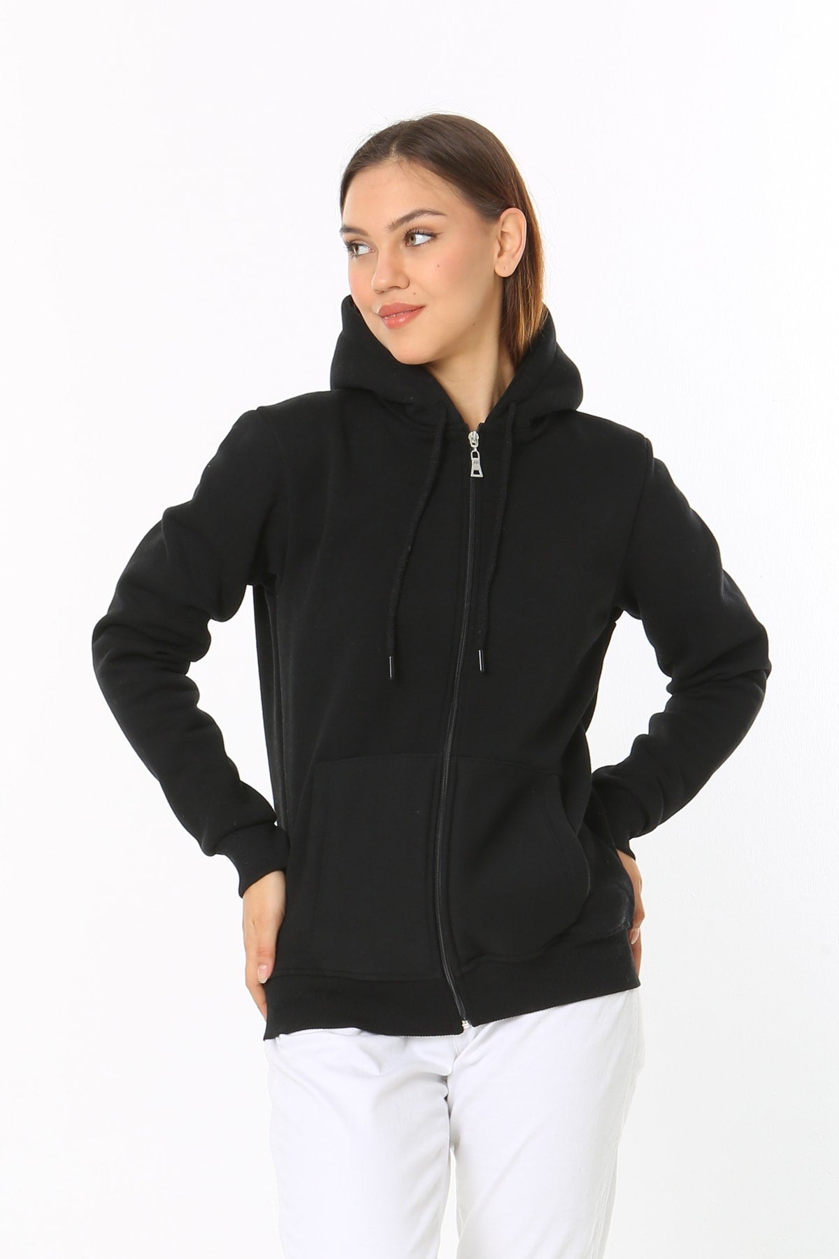 Kadin Siyah Kapüşonlu Fermuarlı 3 Üç Iplik Polar Sweatshirt