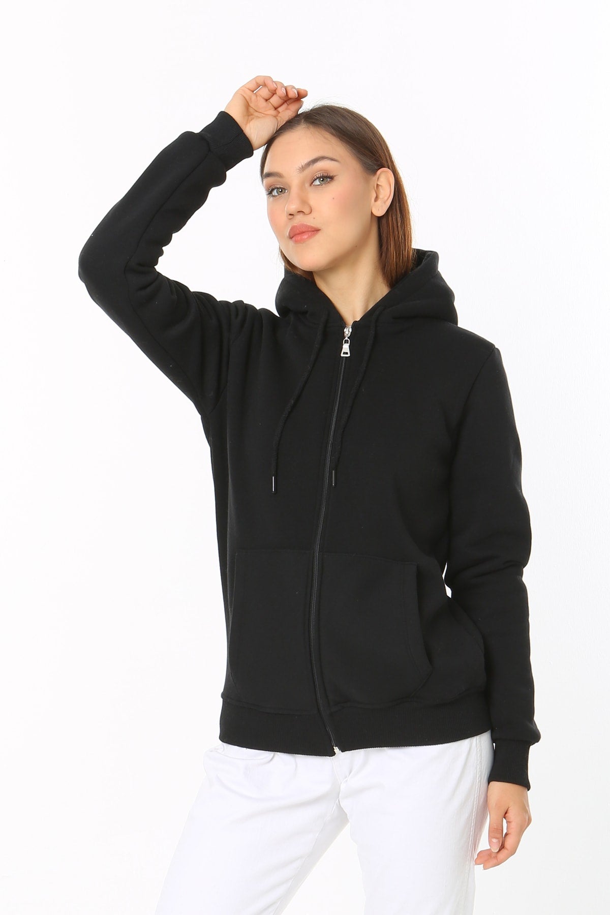 Kadin Siyah Kapüşonlu Fermuarlı 3 Üç Iplik Polar Sweatshirt