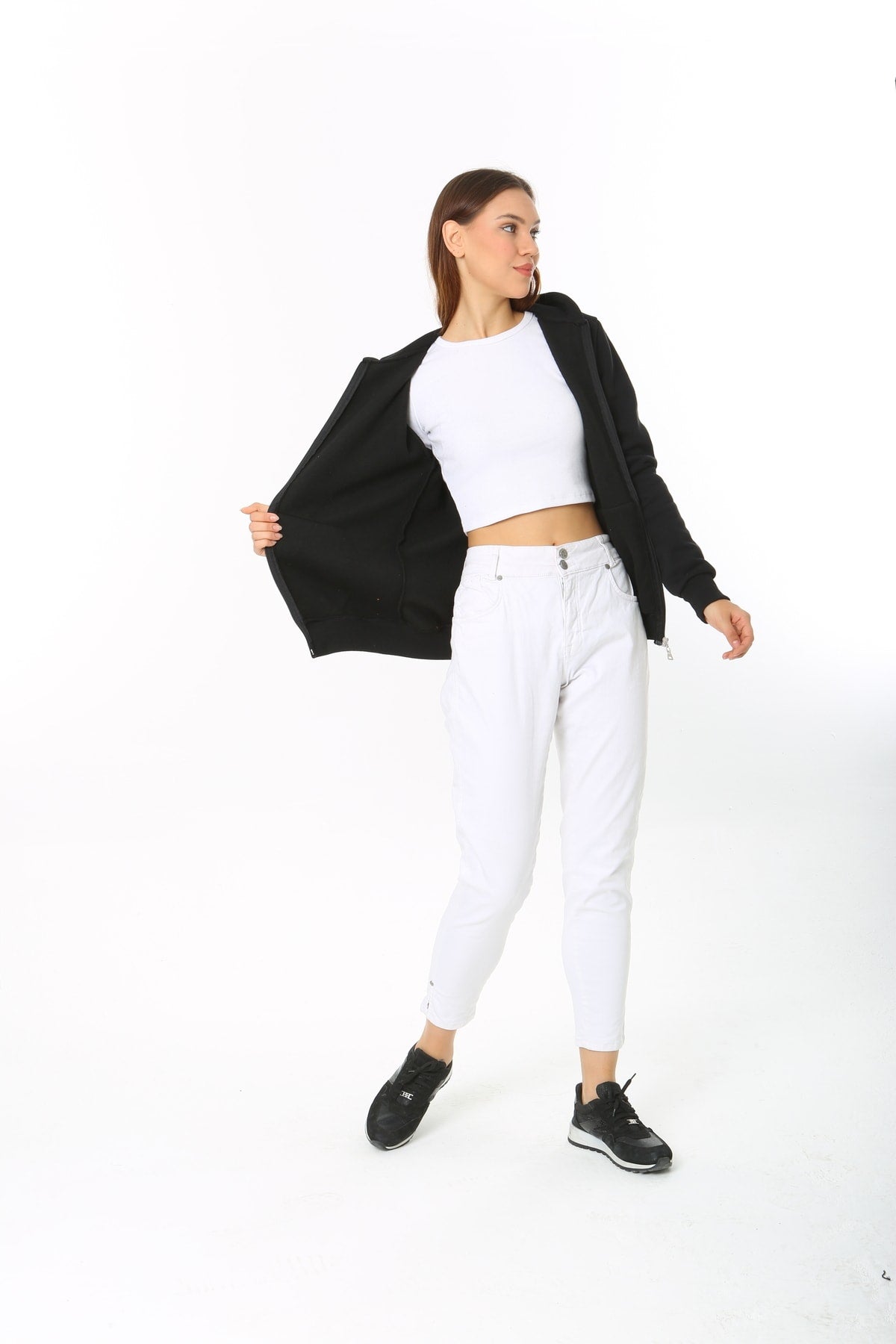 Kadin Siyah Kapüşonlu Fermuarlı 3 Üç Iplik Polar Sweatshirt
