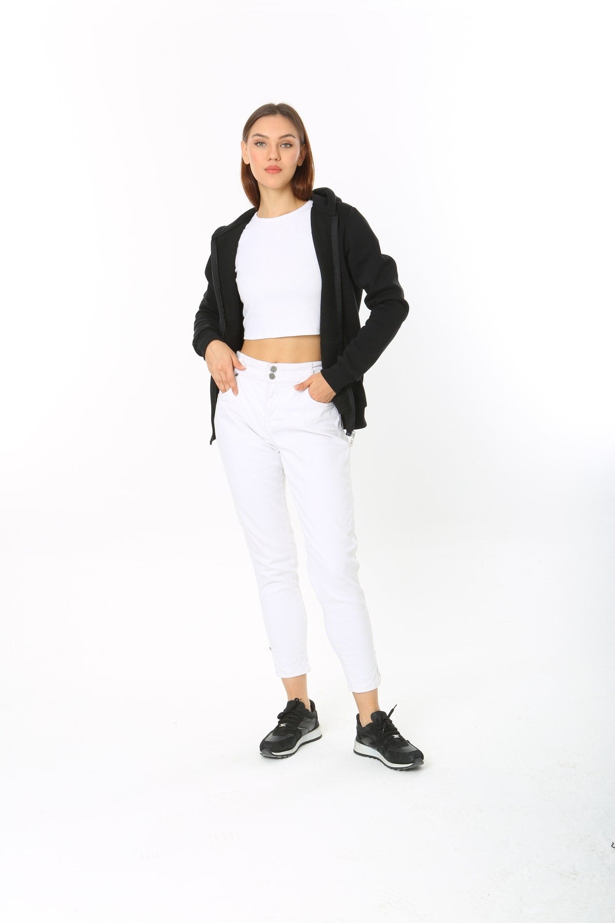 Kadin Siyah Kapüşonlu Fermuarlı 3 Üç Iplik Polar Sweatshirt
