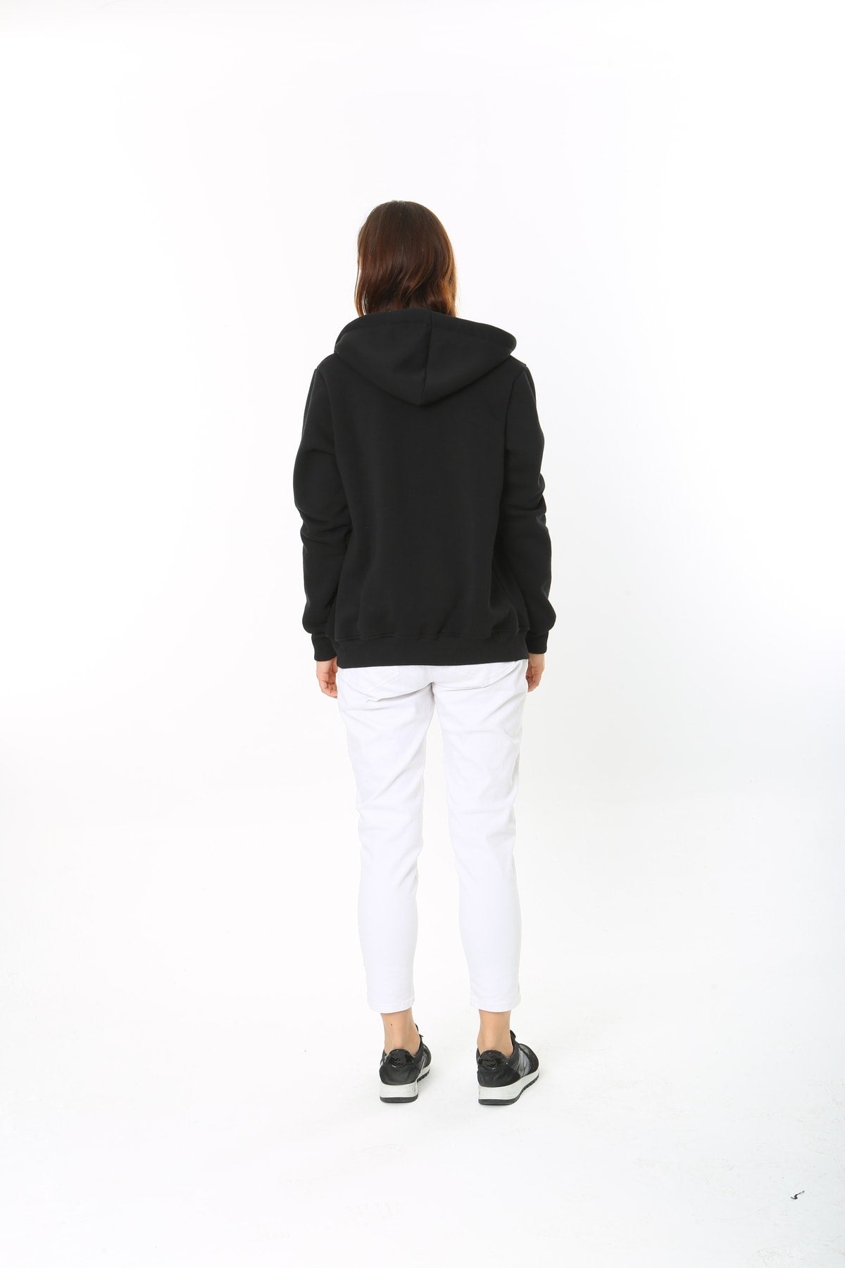 Kadin Siyah Kapüşonlu Fermuarlı 3 Üç Iplik Polar Sweatshirt