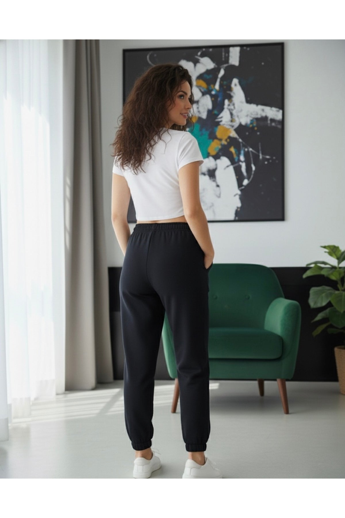 Kadın Siyah Kışlık Paçası Lastikli Eşofman Altı