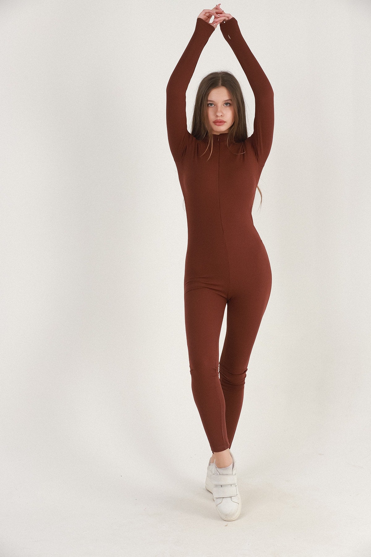 Kadın Tulum Tayt Spor Fitilli Fermuarlı Body