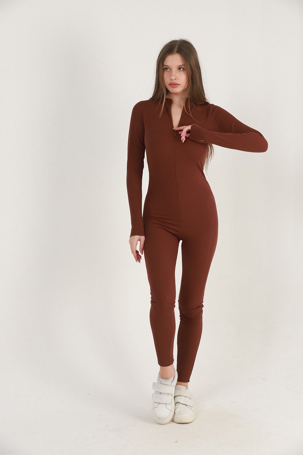 Kadın Tulum Tayt Spor Fitilli Fermuarlı Body