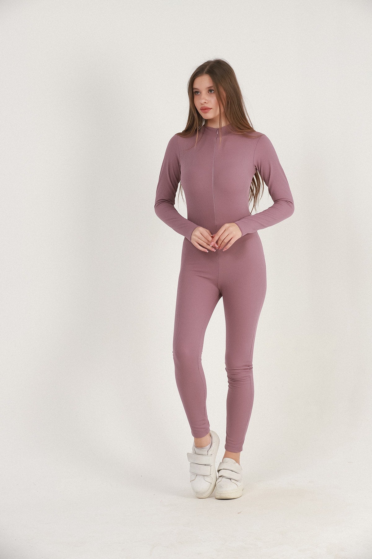 Kadın Tulum Tayt Spor Fitilli Fermuarlı Body