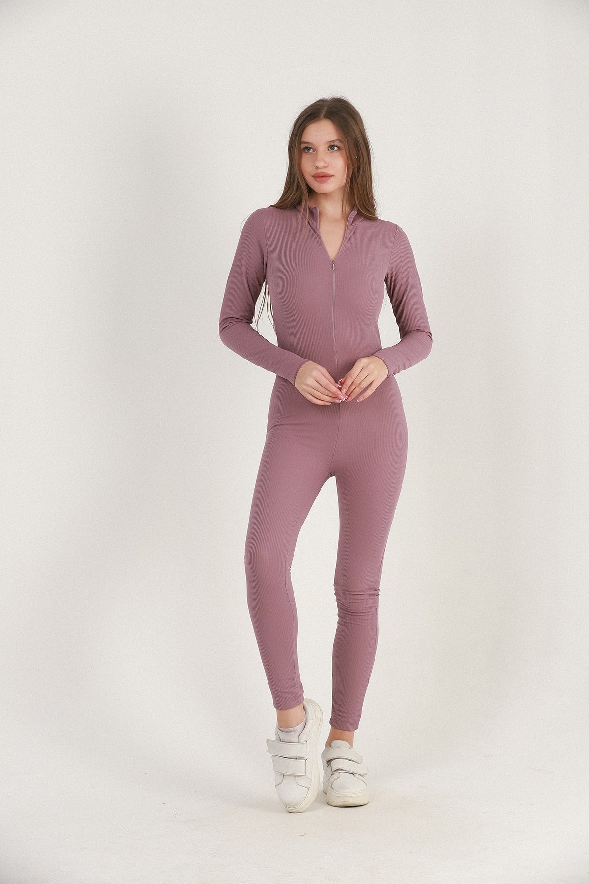 Kadın Tulum Tayt Spor Fitilli Fermuarlı Body