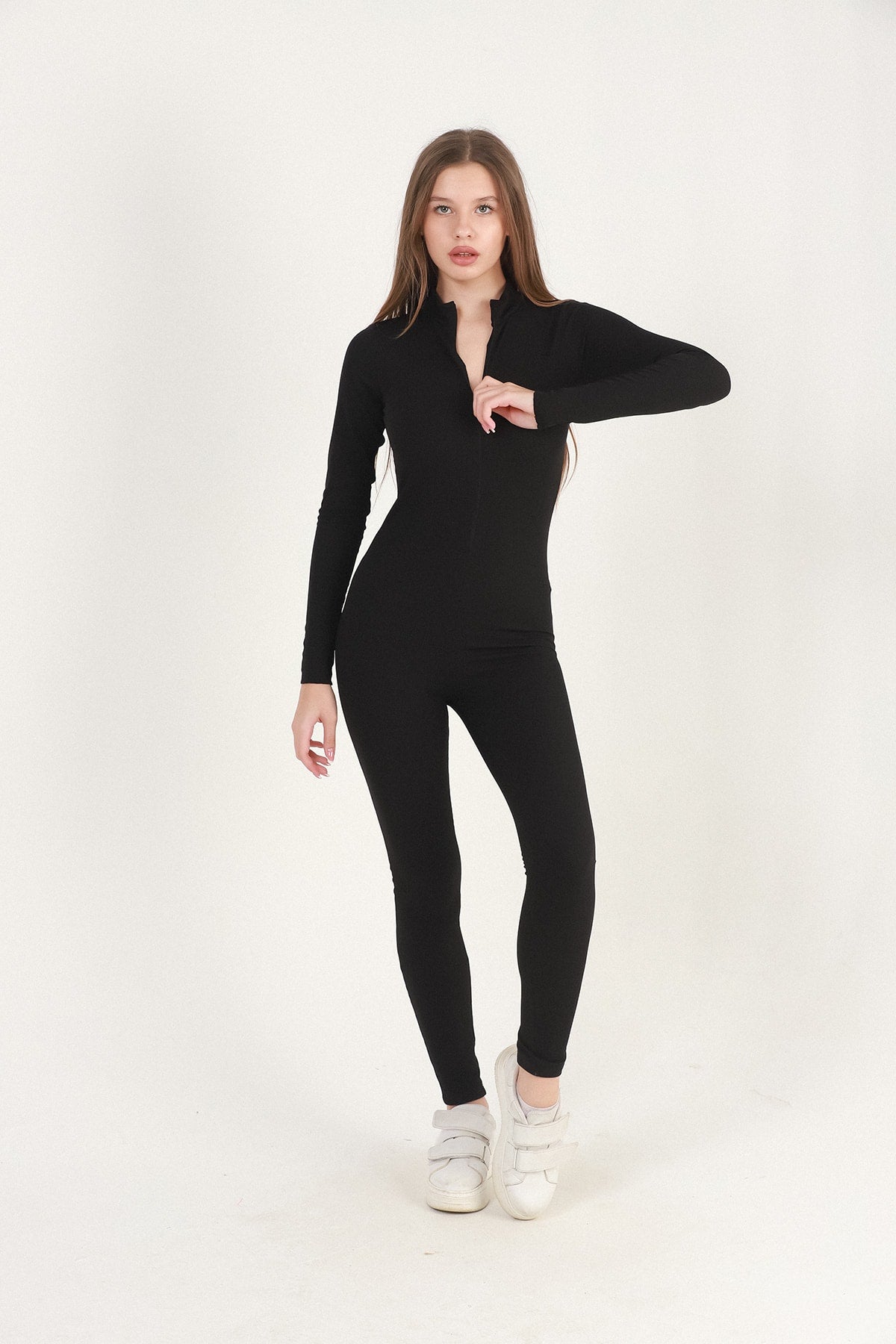 Kadın Tulum Tayt Spor Fitilli Fermuarlı Body