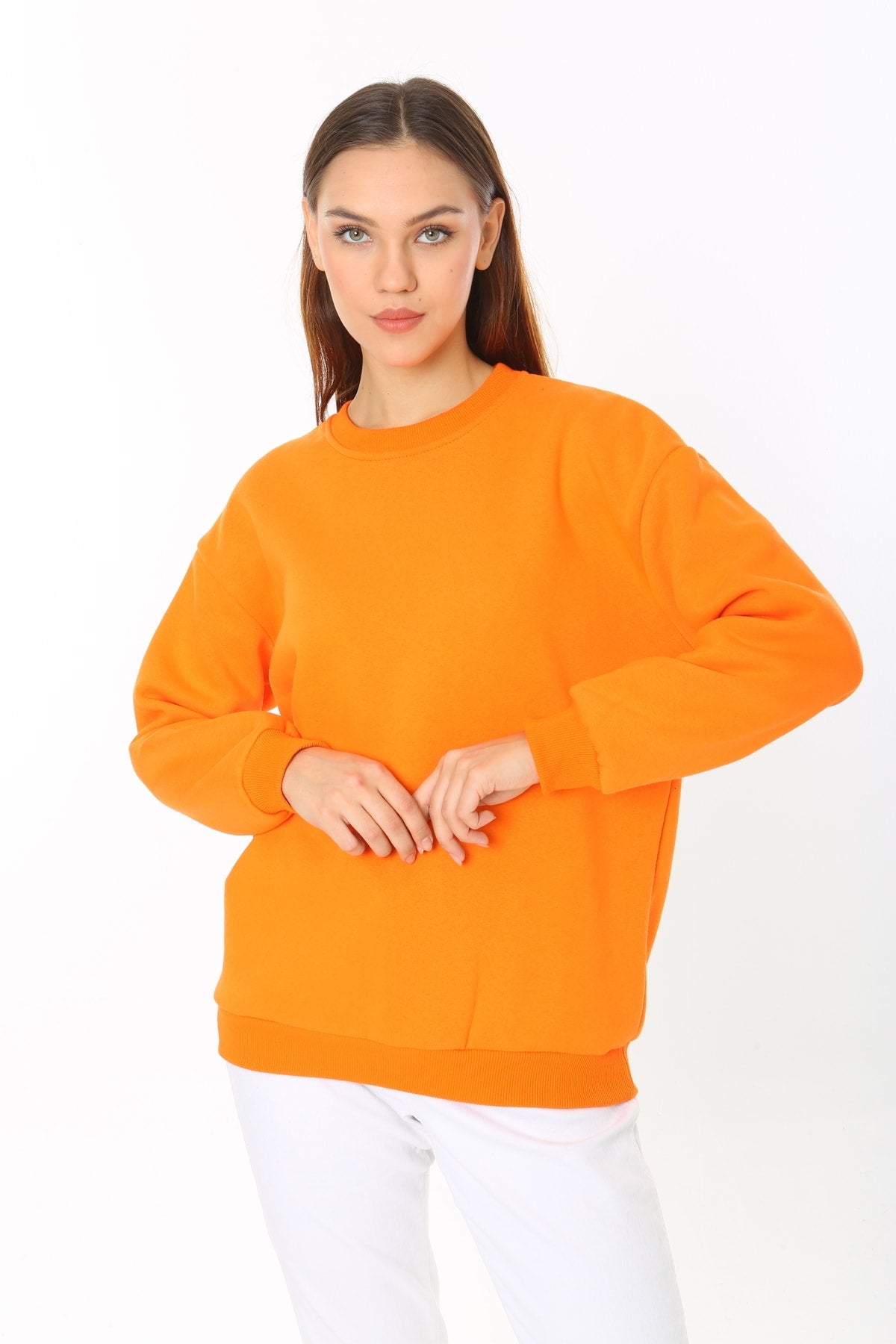 Kadın Turuncu Basic Bisiklet Yaka Baskısız Düz Oversize Salaş Bol Kesim Polar