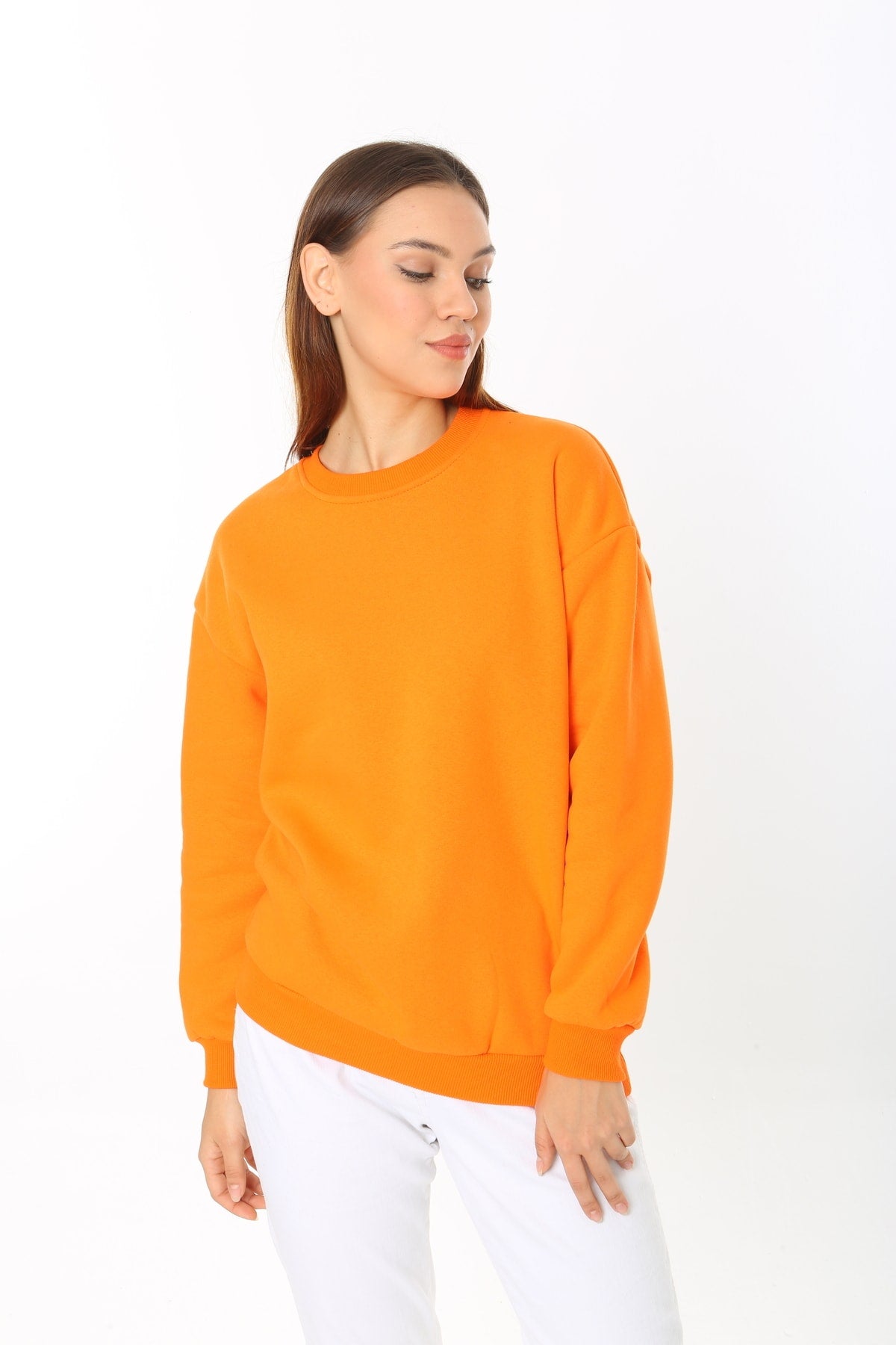 Kadın Turuncu Basic Bisiklet Yaka Baskısız Düz Oversize Salaş Bol Kesim Polar