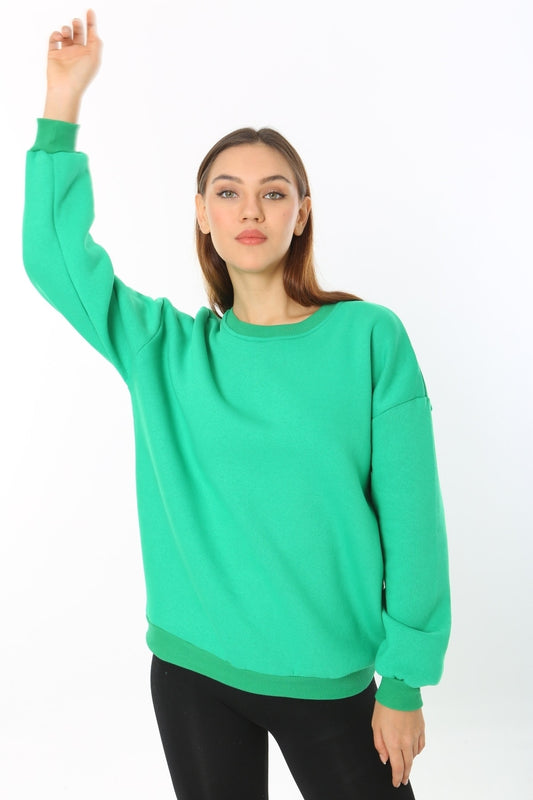 Kadın Yeşil Basic Bisiklet Yaka Baskısız Düz Oversize Salaş Bol Kesim Polar