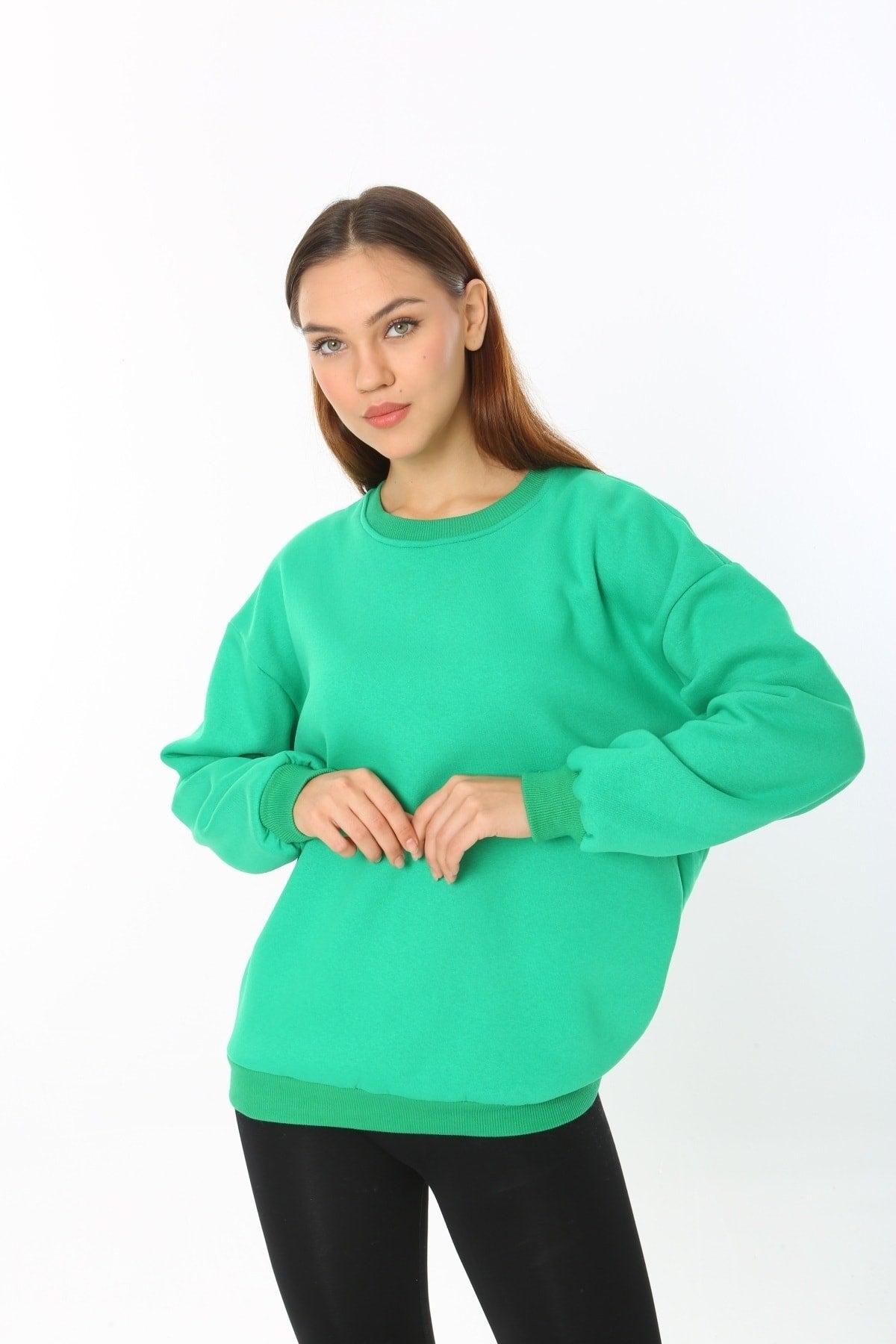 Kadın Yeşil Basic Bisiklet Yaka Baskısız Düz Oversize Salaş Bol Kesim Polar