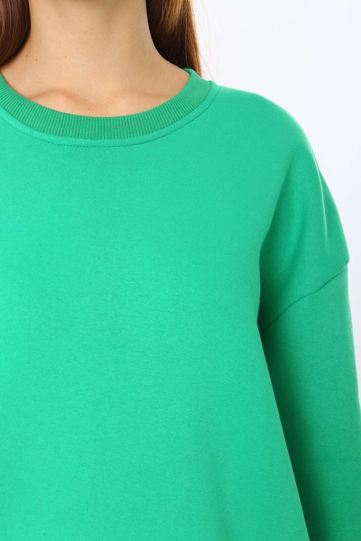 Kadın Yeşil Basic Bisiklet Yaka Baskısız Düz Oversize Salaş Bol Kesim Polar