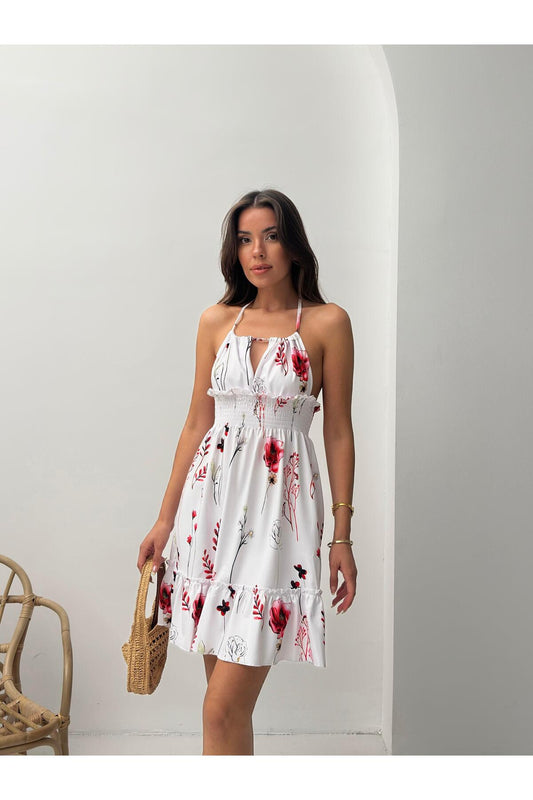 Kırmızı Çiçek Desenli Halter Yaka Büzgülü Mini Elbise