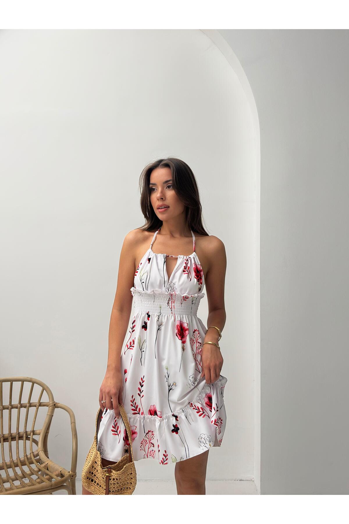 Kırmızı Çiçek Desenli Halter Yaka Büzgülü Mini Elbise