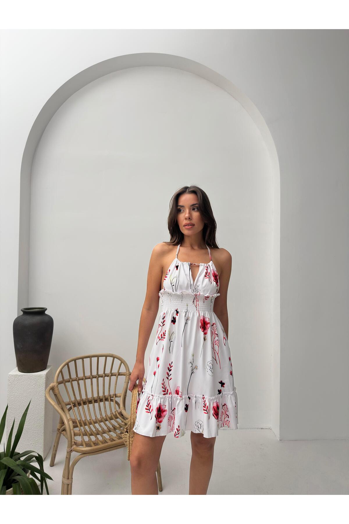 Kırmızı Çiçek Desenli Halter Yaka Büzgülü Mini Elbise