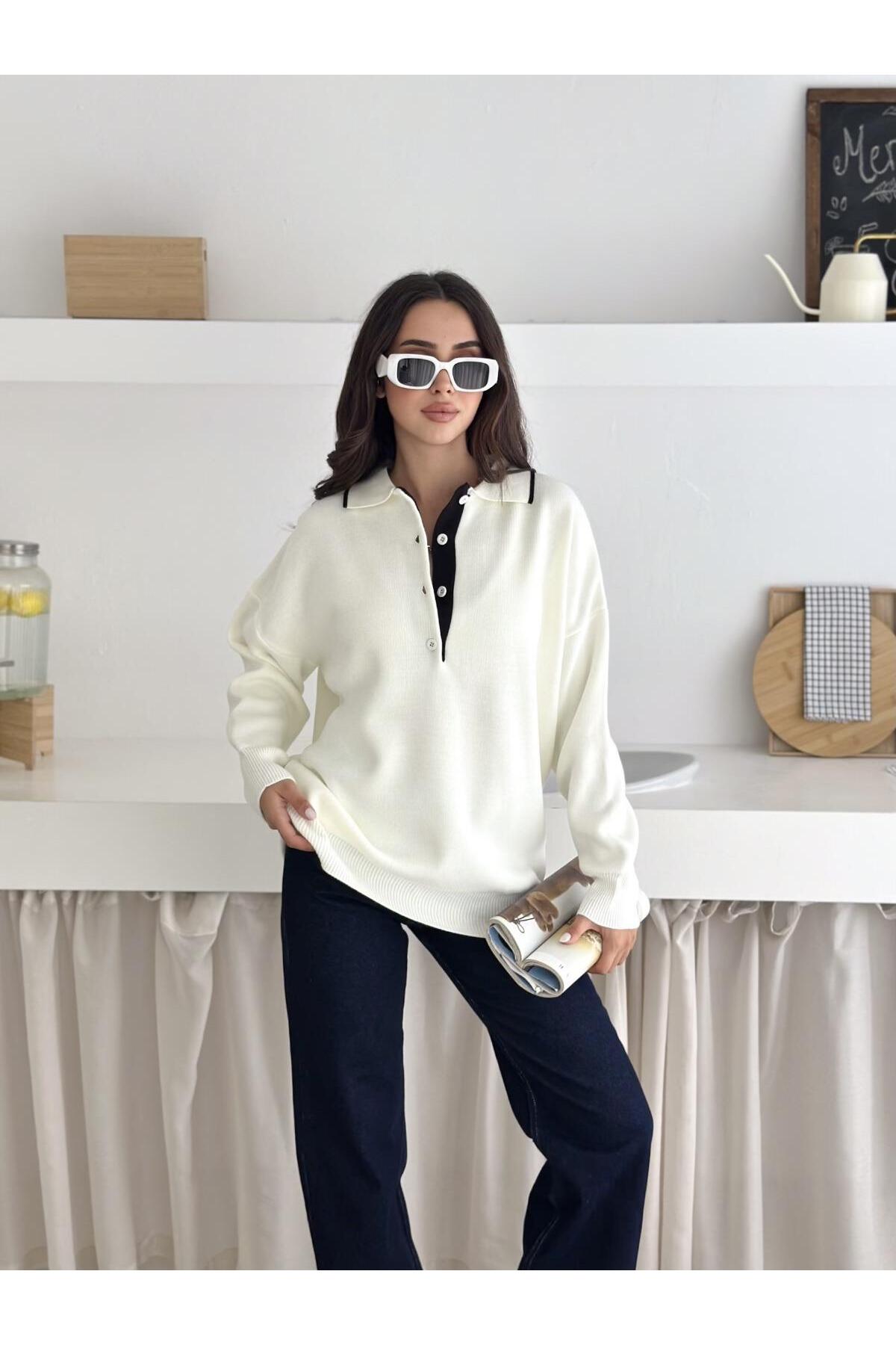 Kontrast Detaylı Polo Yaka Oversize Triko Kazak