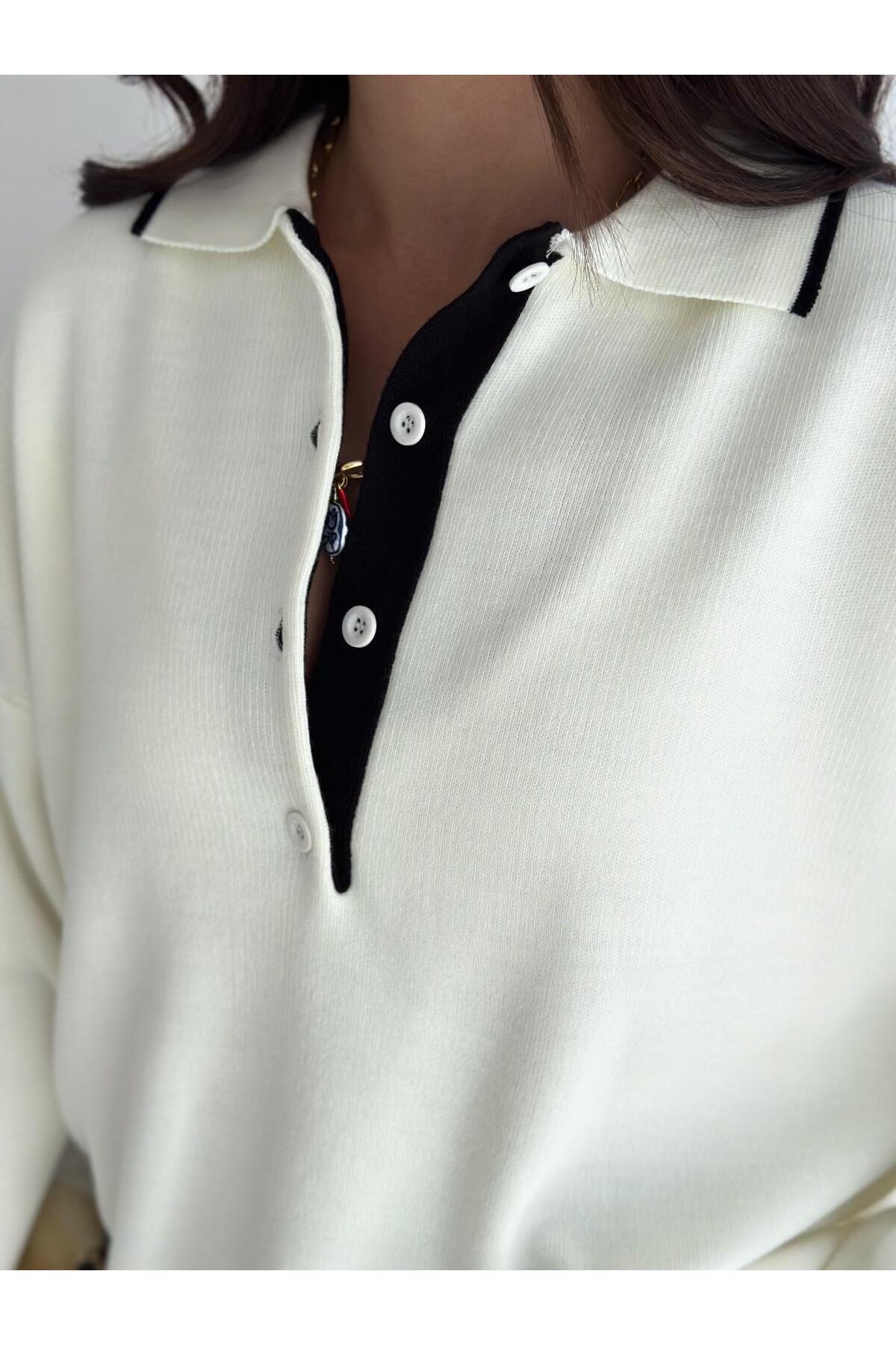 Kontrast Detaylı Polo Yaka Oversize Triko Kazak