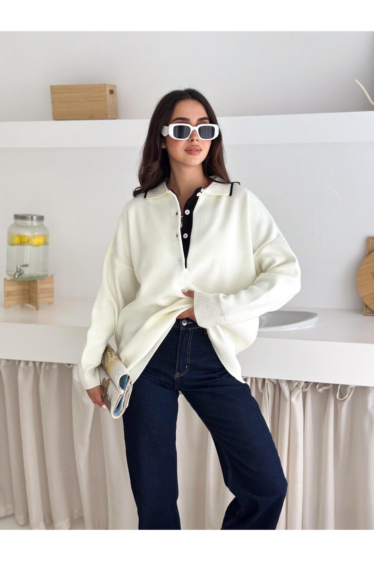 Kontrast Detaylı Polo Yaka Oversize Triko Kazak