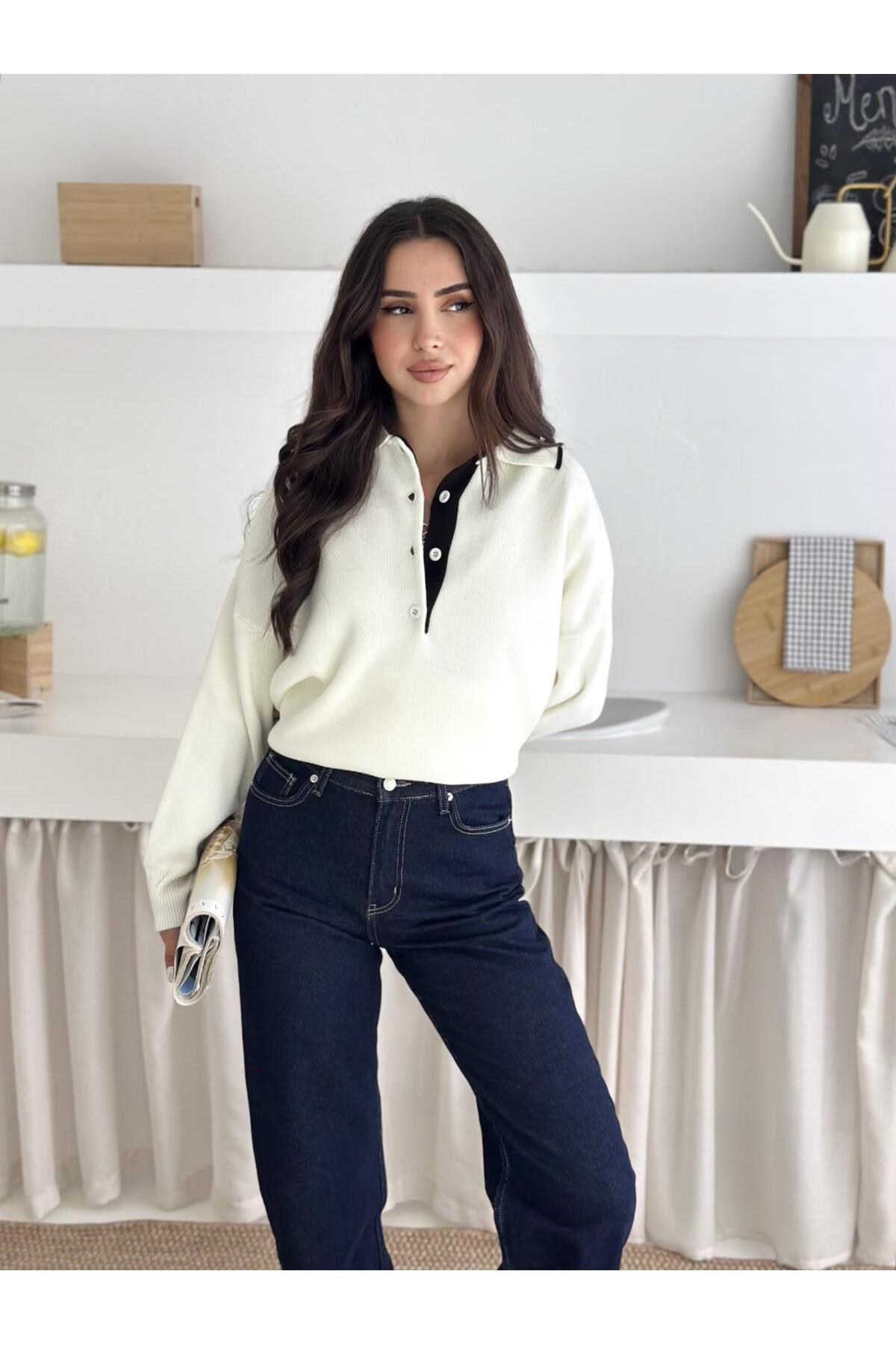 Kontrast Detaylı Polo Yaka Oversize Triko Kazak