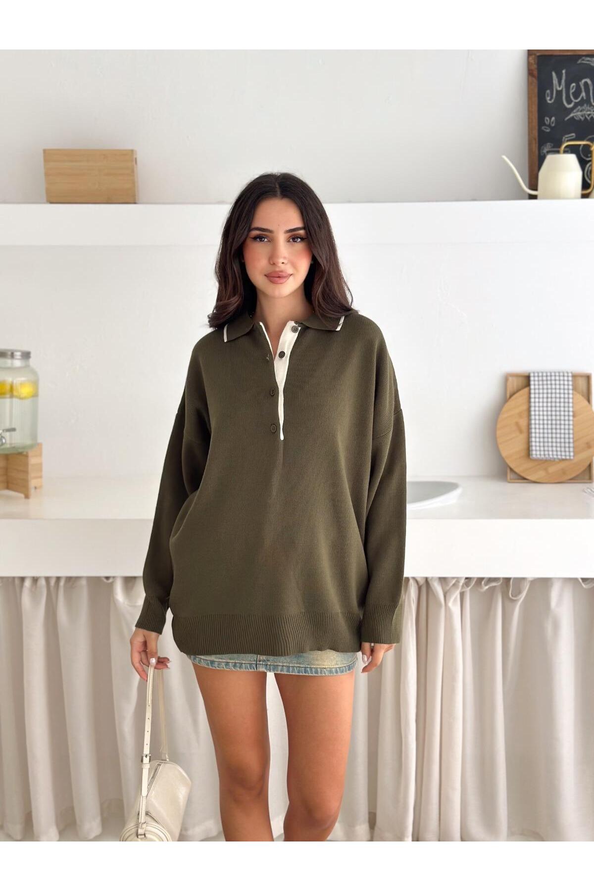 Kontrast Detaylı Polo Yaka Oversize Triko Kazak