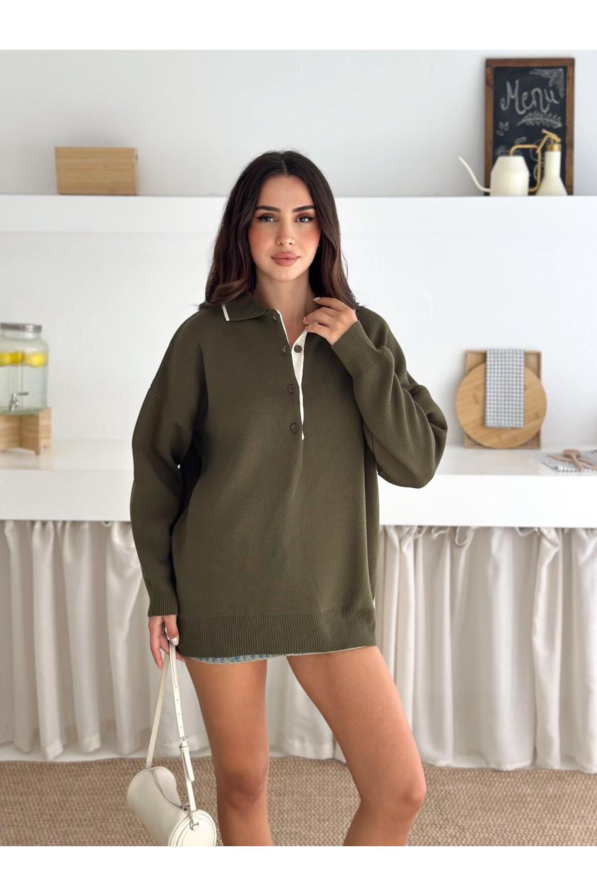 Kontrast Detaylı Polo Yaka Oversize Triko Kazak