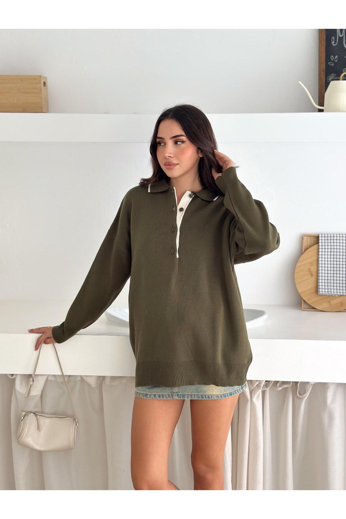 Kontrast Detaylı Polo Yaka Oversize Triko Kazak