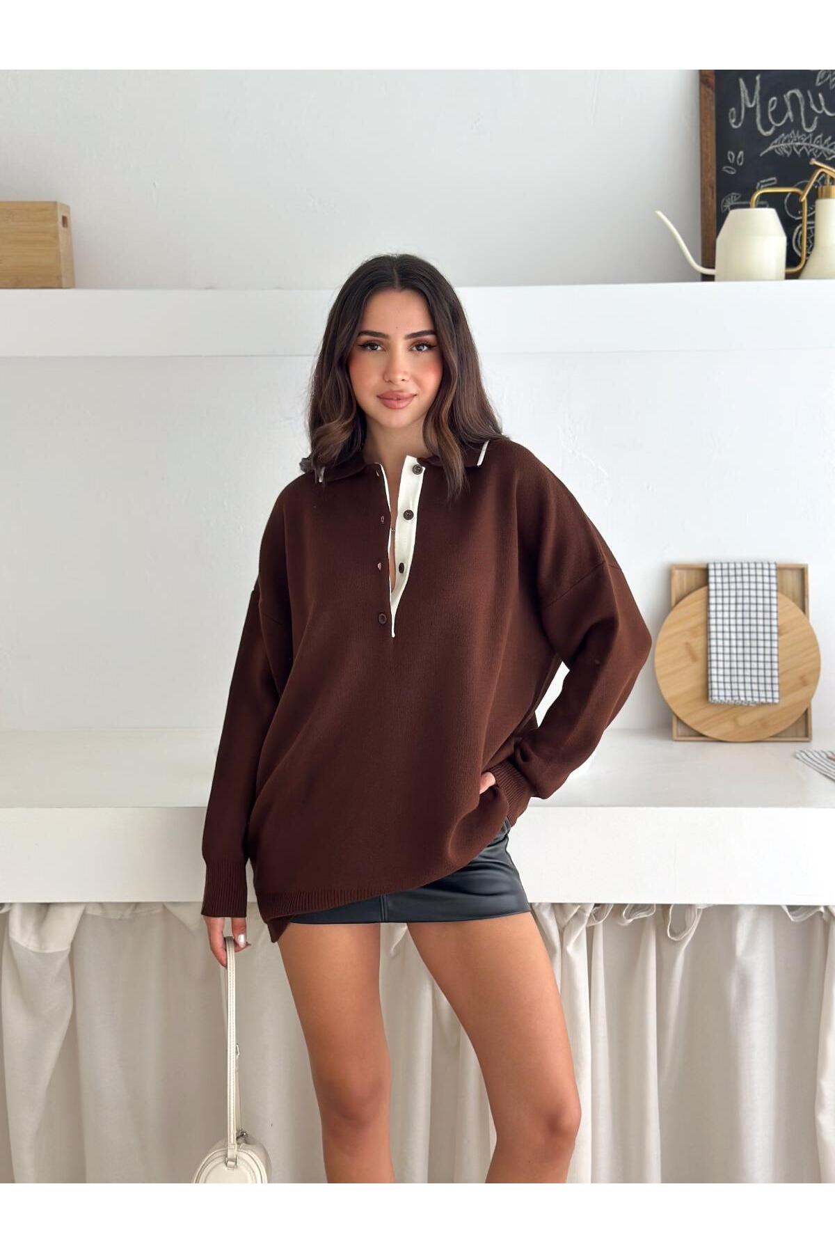 Kontrast Detaylı Polo Yaka Oversize Triko Kazak