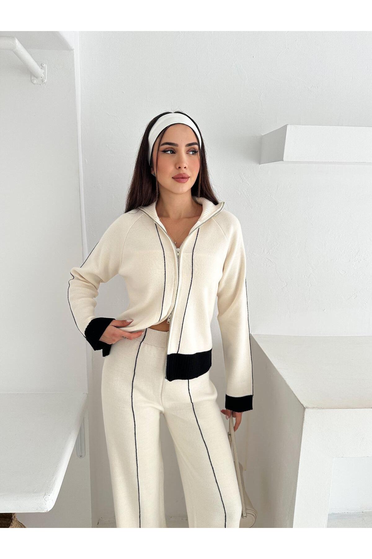 Kontrast Dikişli Çift Yönlü Fermuarlı Dik Yakalı Triko Takım