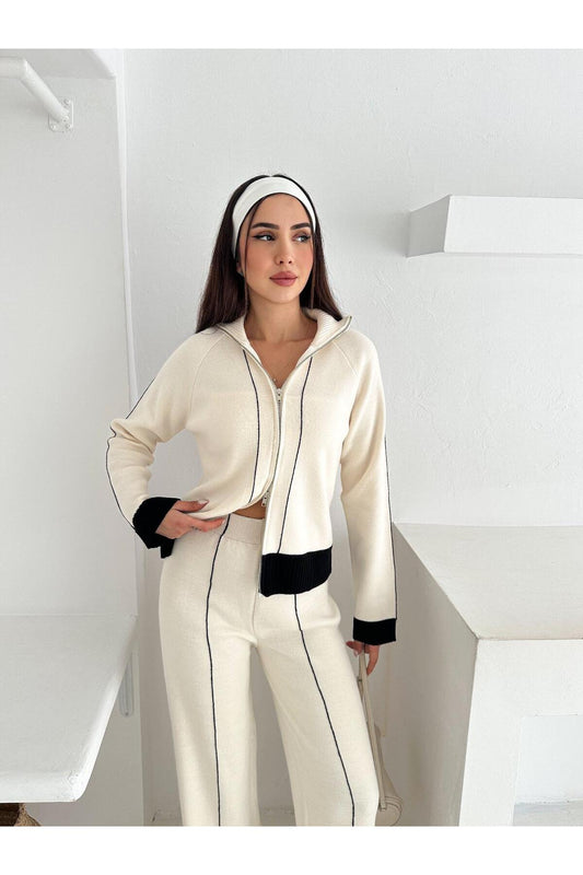 Kontrast Dikişli Çift Yönlü Fermuarlı Dik Yakalı Triko Takım