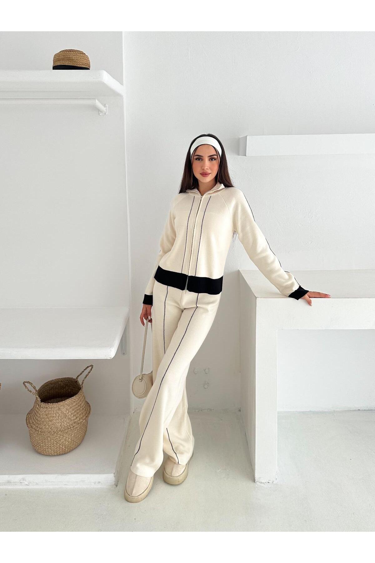 Kontrast Dikişli Çift Yönlü Fermuarlı Dik Yakalı Triko Takım