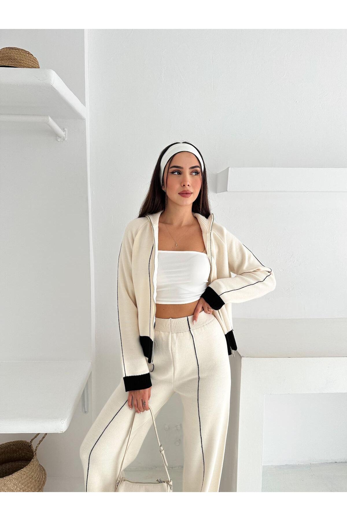 Kontrast Dikişli Çift Yönlü Fermuarlı Dik Yakalı Triko Takım