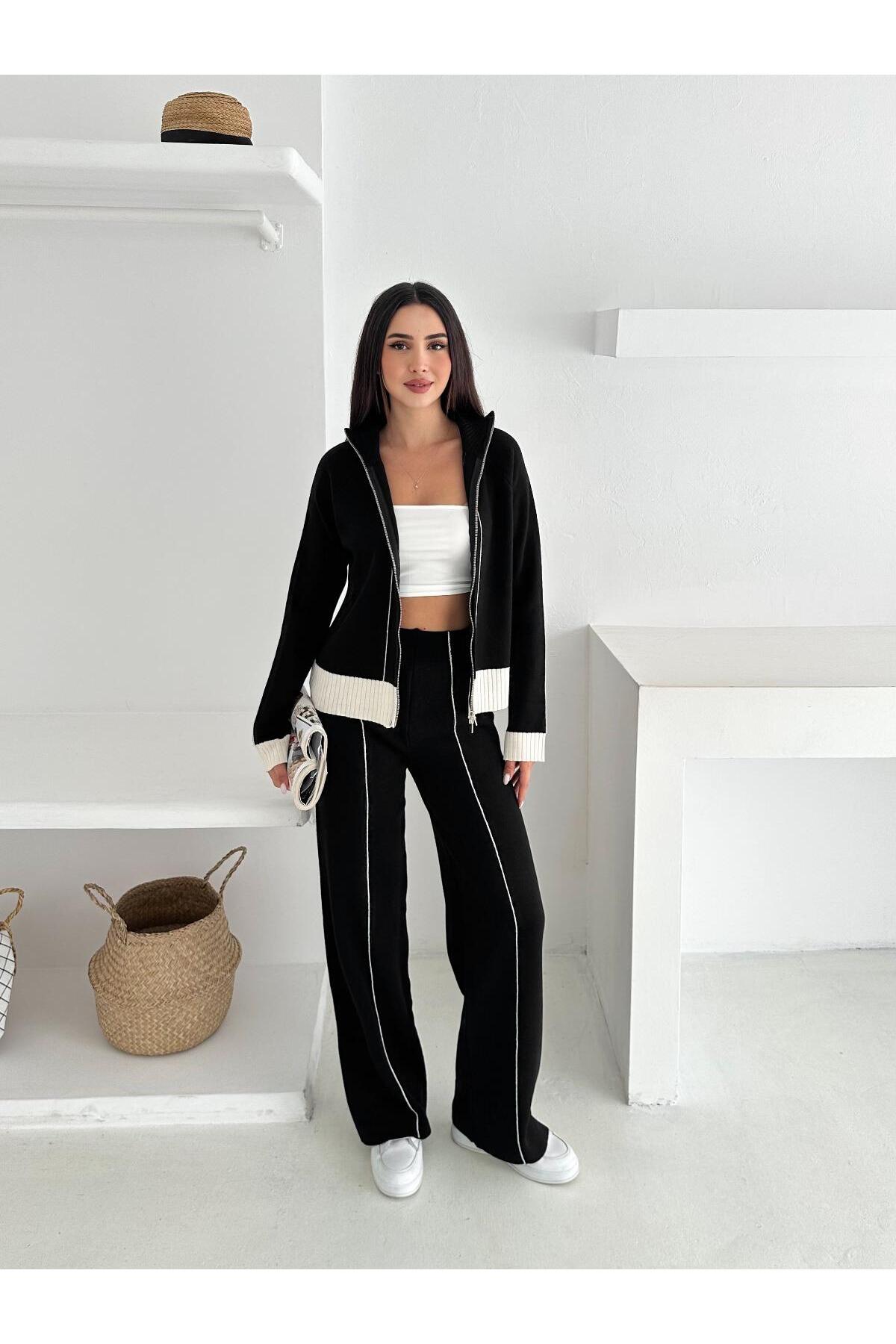 Kontrast Dikişli Çift Yönlü Fermuarlı Dik Yakalı Triko Takım