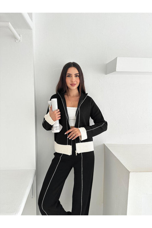 Kontrast Dikişli Çift Yönlü Fermuarlı Dik Yakalı Triko Takım