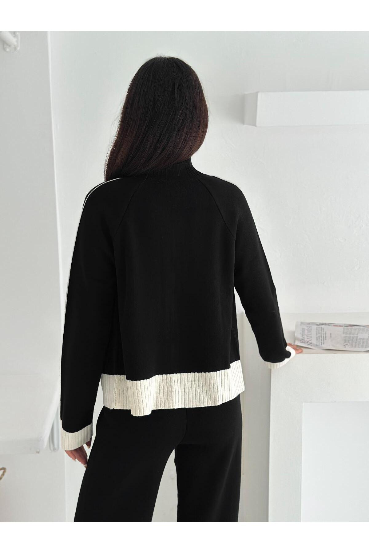 Kontrast Dikişli Çift Yönlü Fermuarlı Dik Yakalı Triko Takım