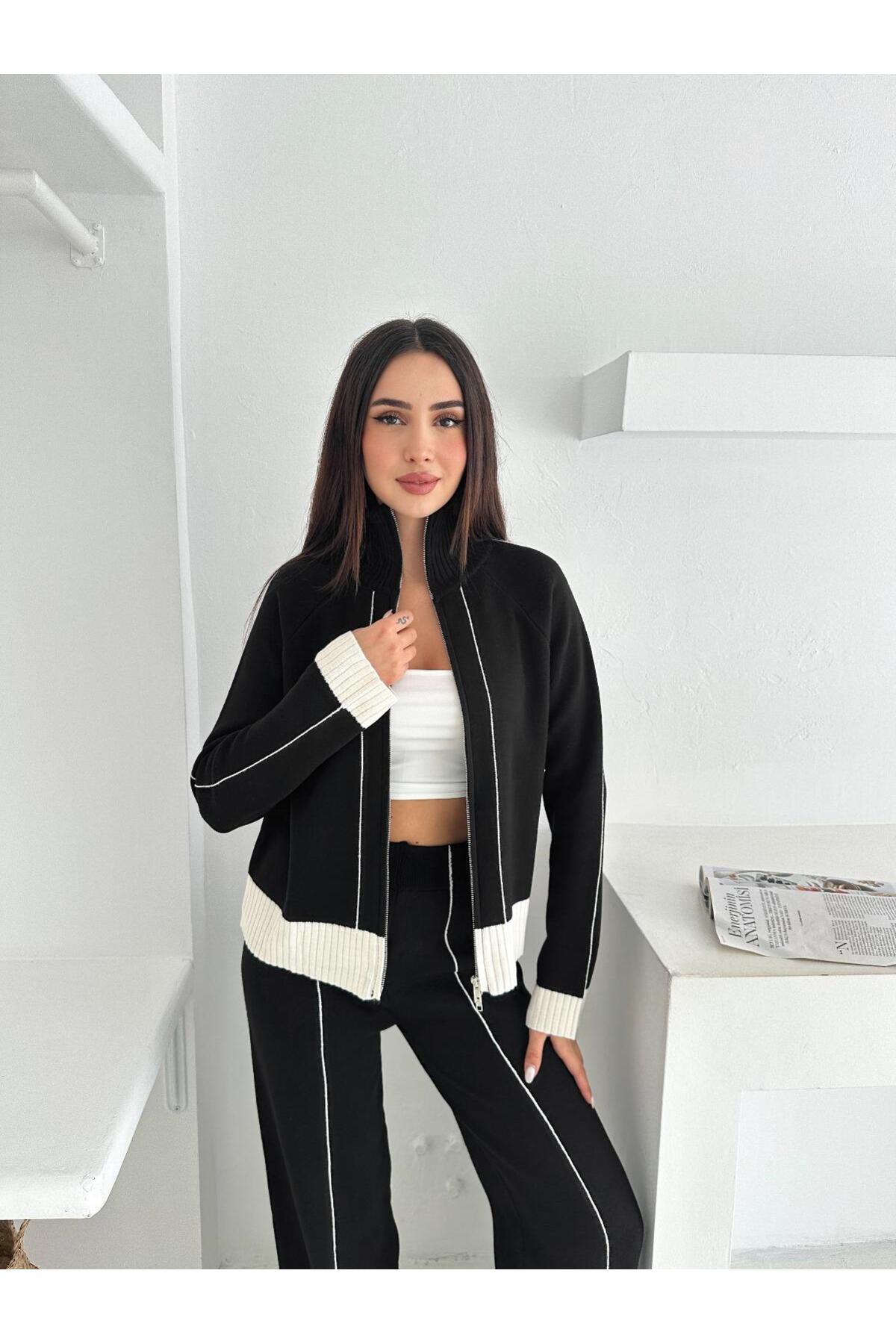 Kontrast Dikişli Çift Yönlü Fermuarlı Dik Yakalı Triko Takım