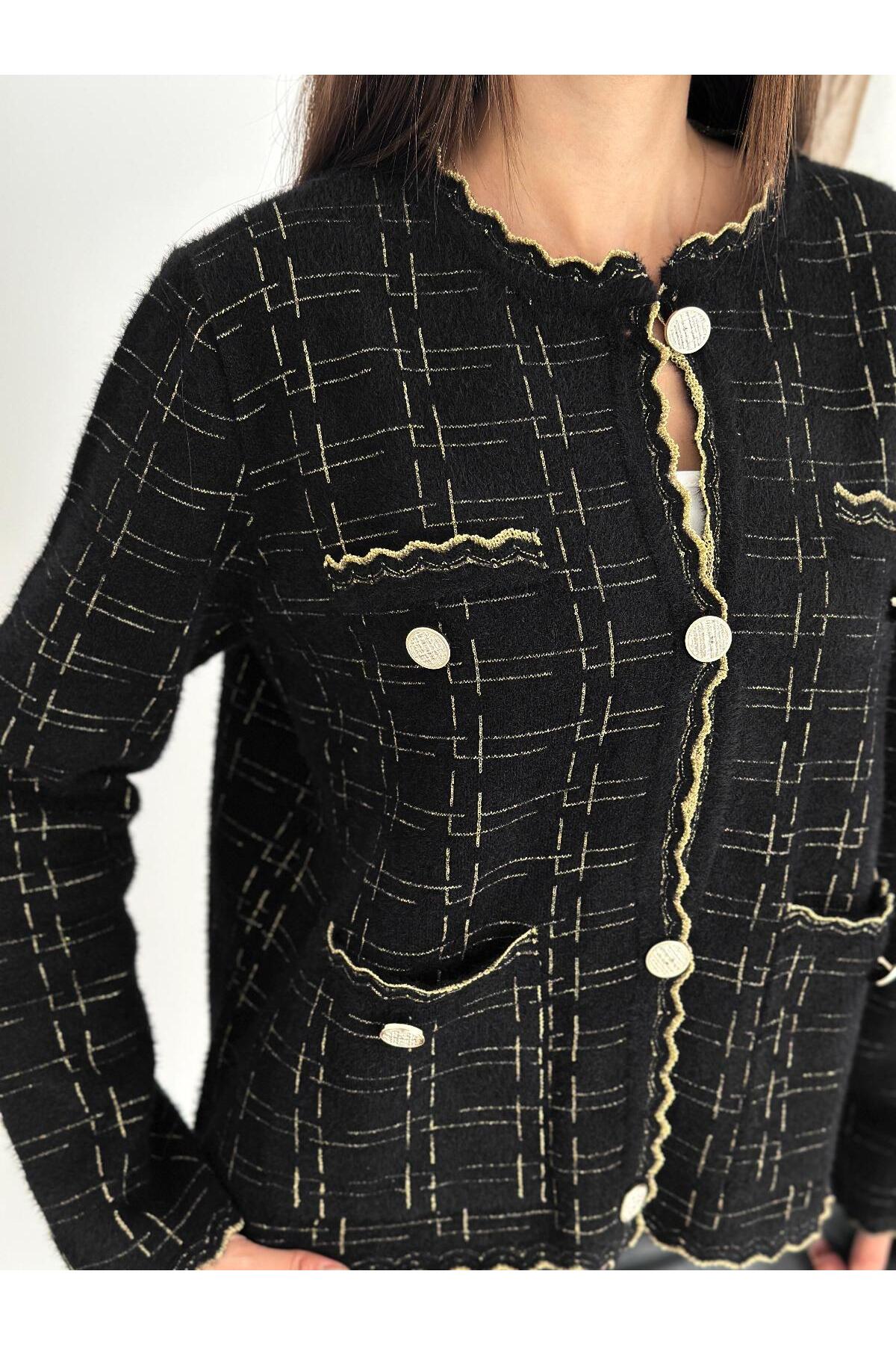 Kontrast Dikişli Tweed Dokulu Düğmeli Triko Hırka