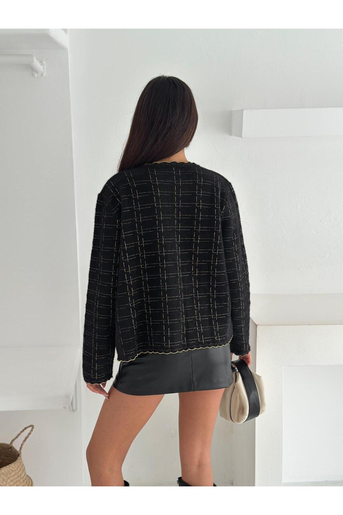 Kontrast Dikişli Tweed Dokulu Düğmeli Triko Hırka