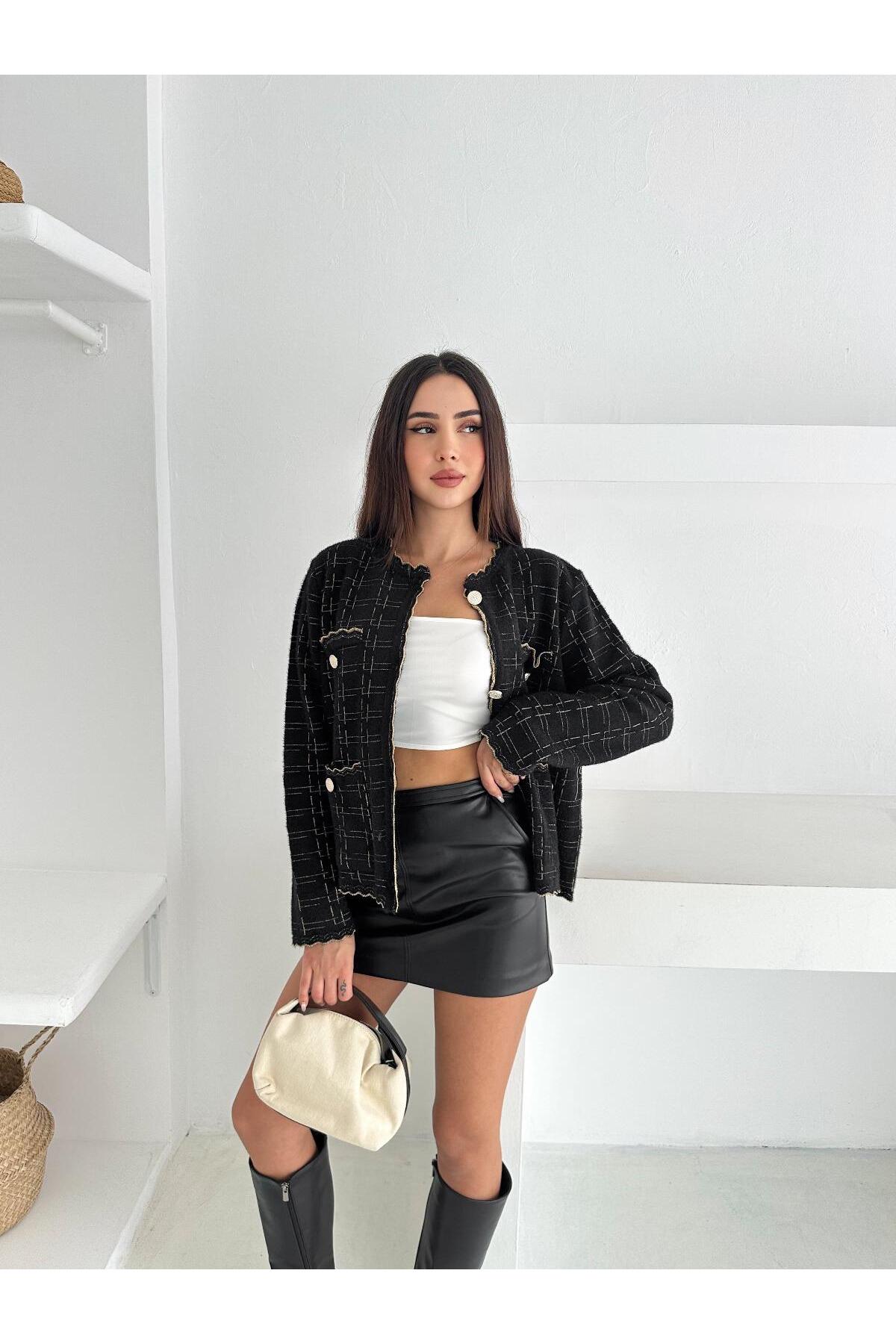 Kontrast Dikişli Tweed Dokulu Düğmeli Triko Hırka