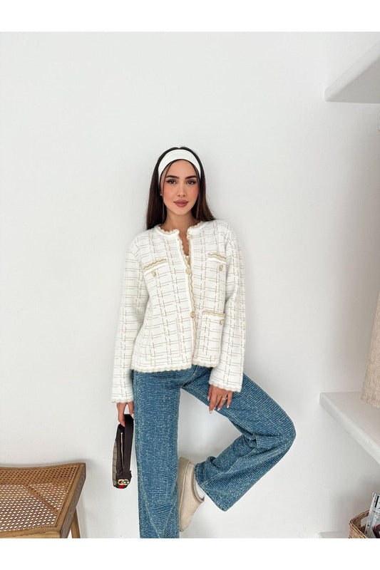 Kontrast Dikişli Tweed Dokulu Düğmeli Triko Hırka
