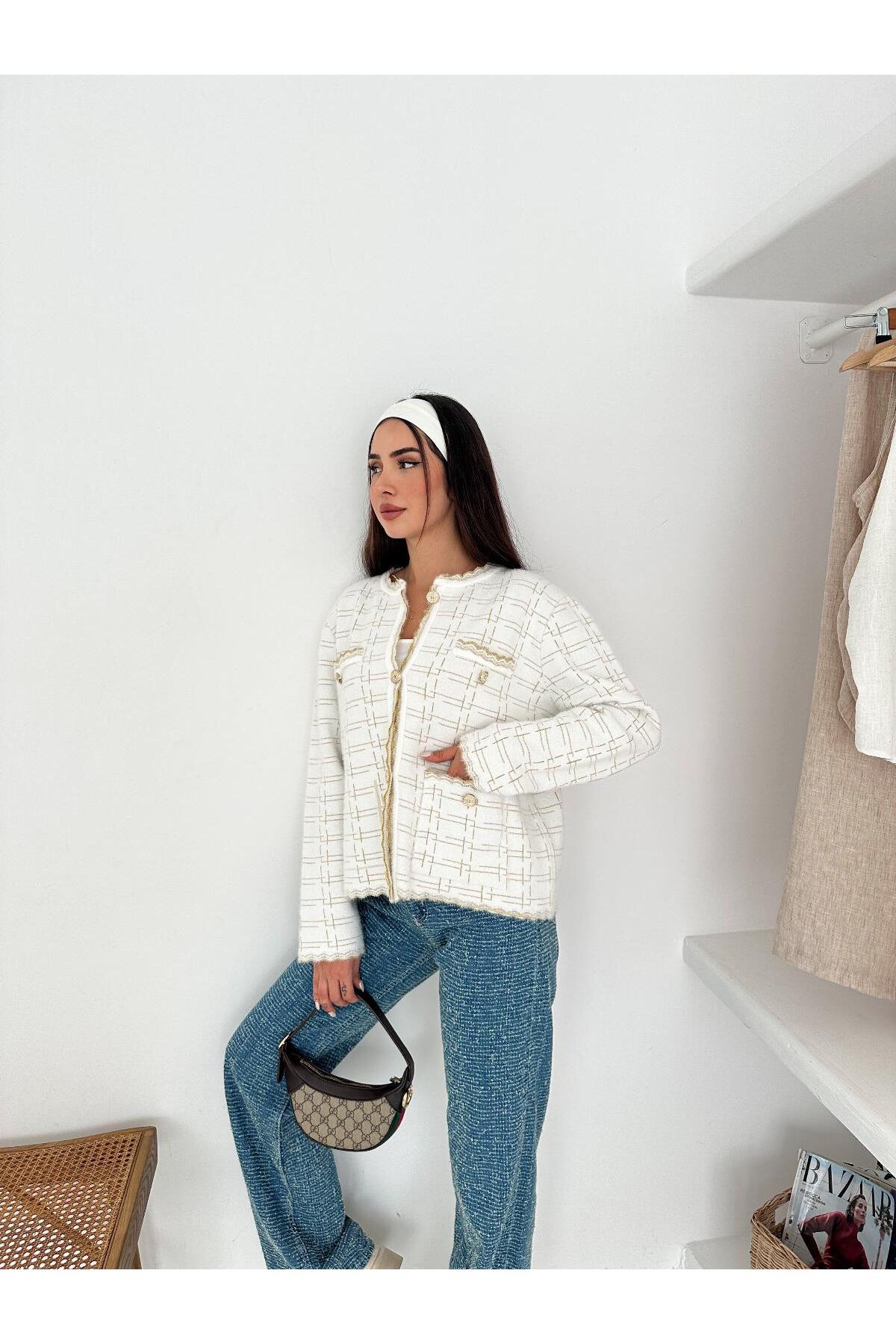 Kontrast Dikişli Tweed Dokulu Düğmeli Triko Hırka