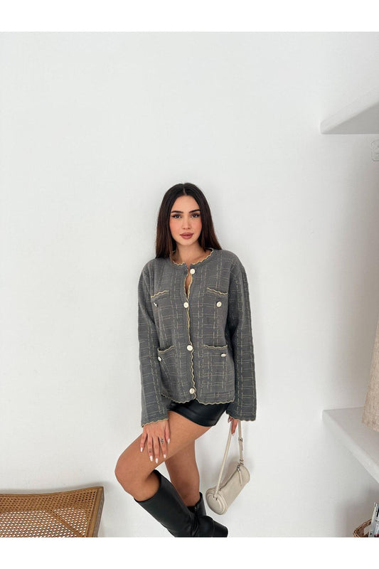 Kontrast Dikişli Tweed Dokulu Düğmeli Triko Hırka