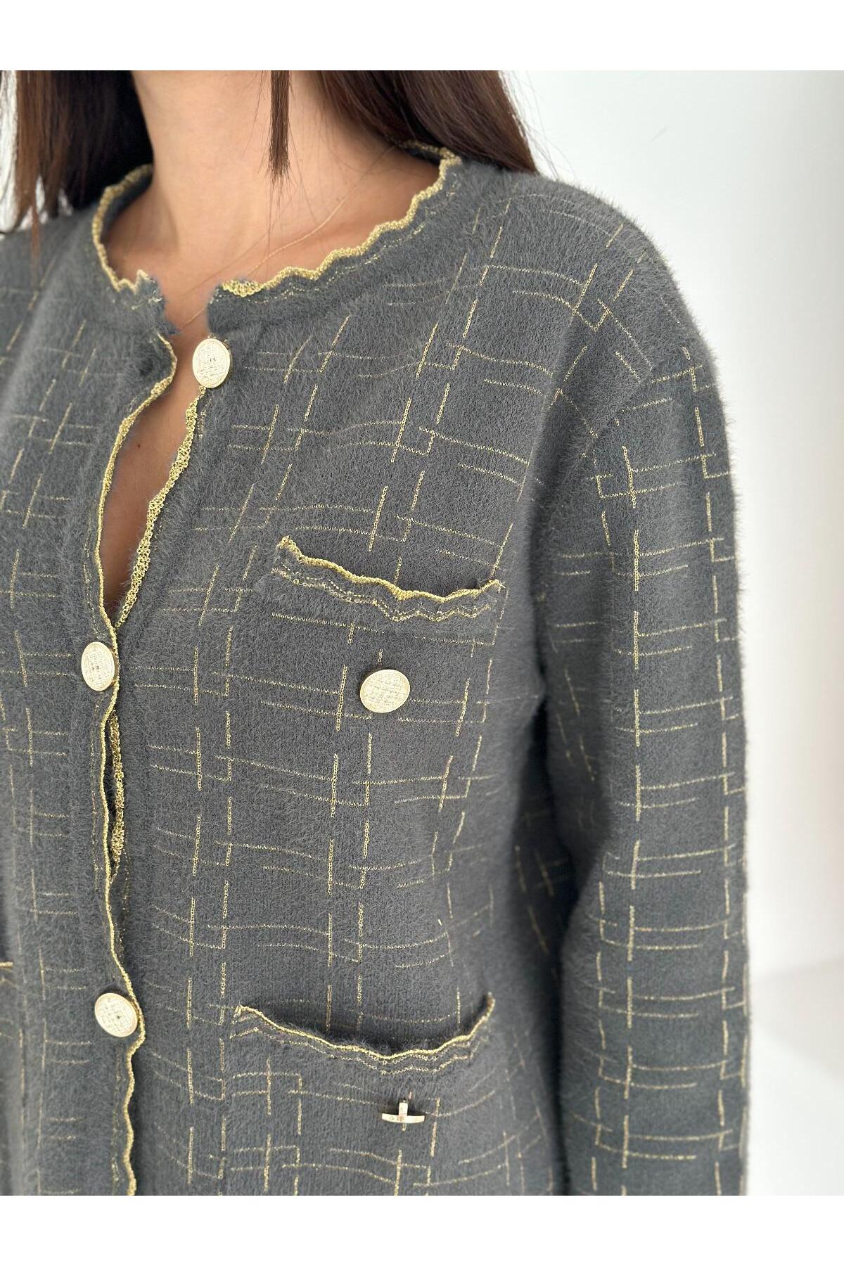 Kontrast Dikişli Tweed Dokulu Düğmeli Triko Hırka
